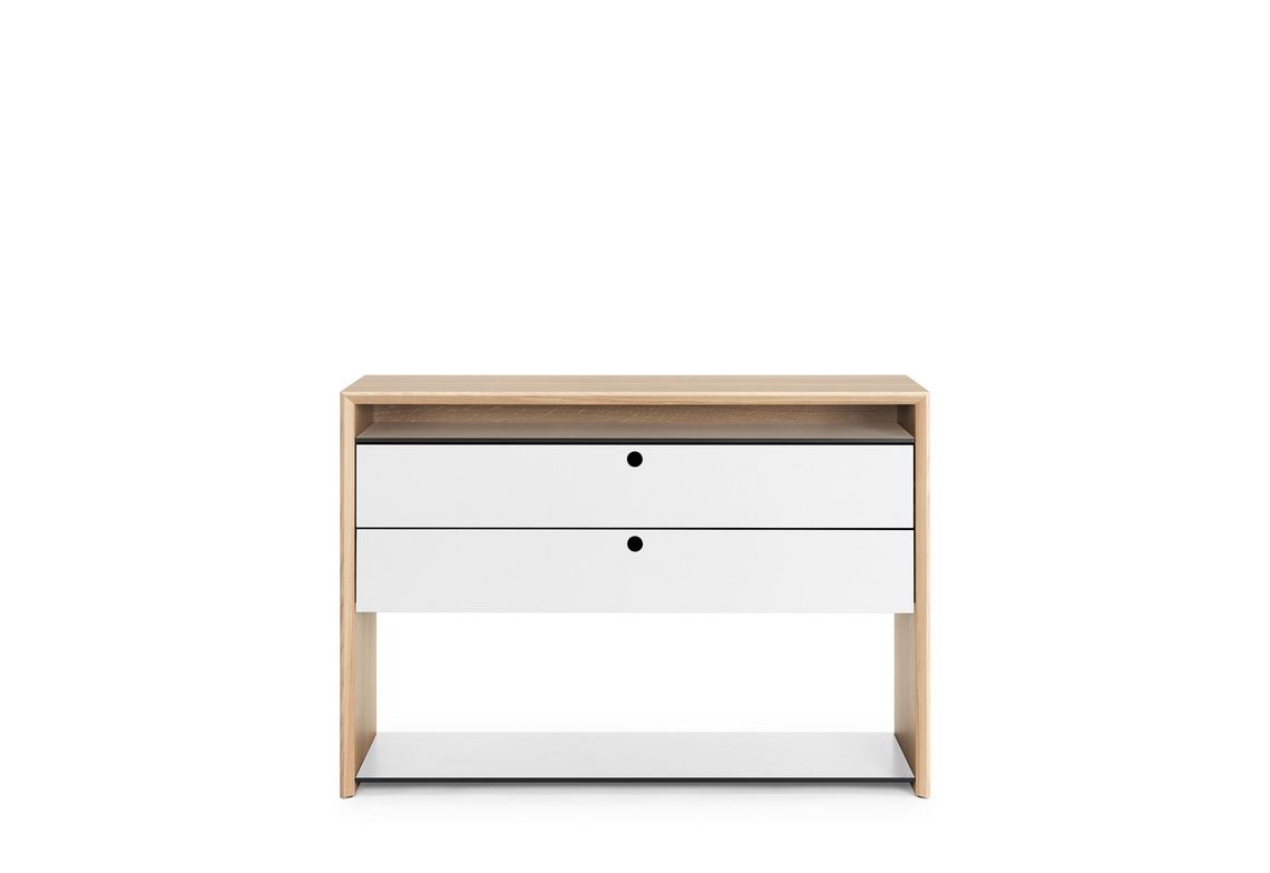 Highboard Massivholz mit Ablagetablar und zwei Schubladen aus weissen Vollkernplatten