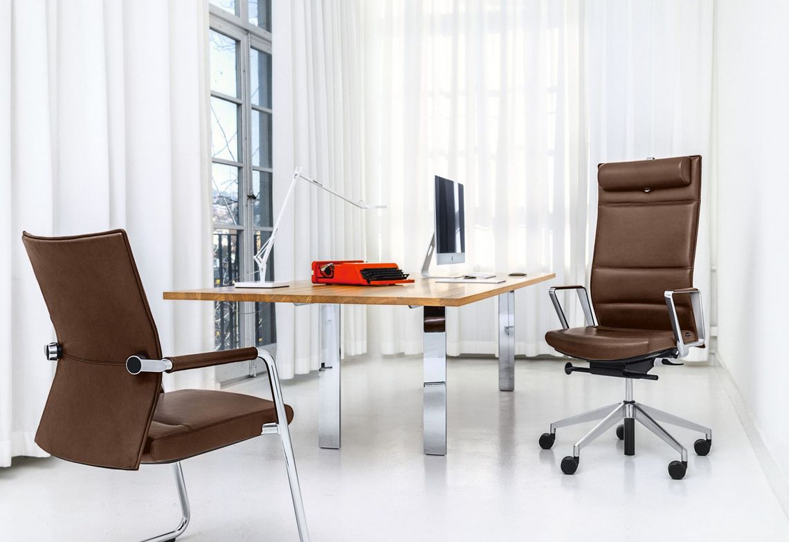 Bürostuhl Diagon Executive in Leder und hoher Lehne sowie Diagon Freischwinger