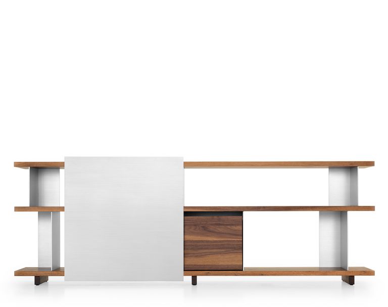 Lowboard Holz mit Aluschiebtür und Ablagetablare