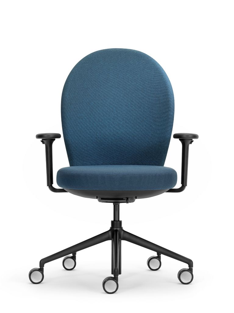 Schreibtischstuhl Marva mit blauem Polster und schwarzem Fuss, Frontansicht