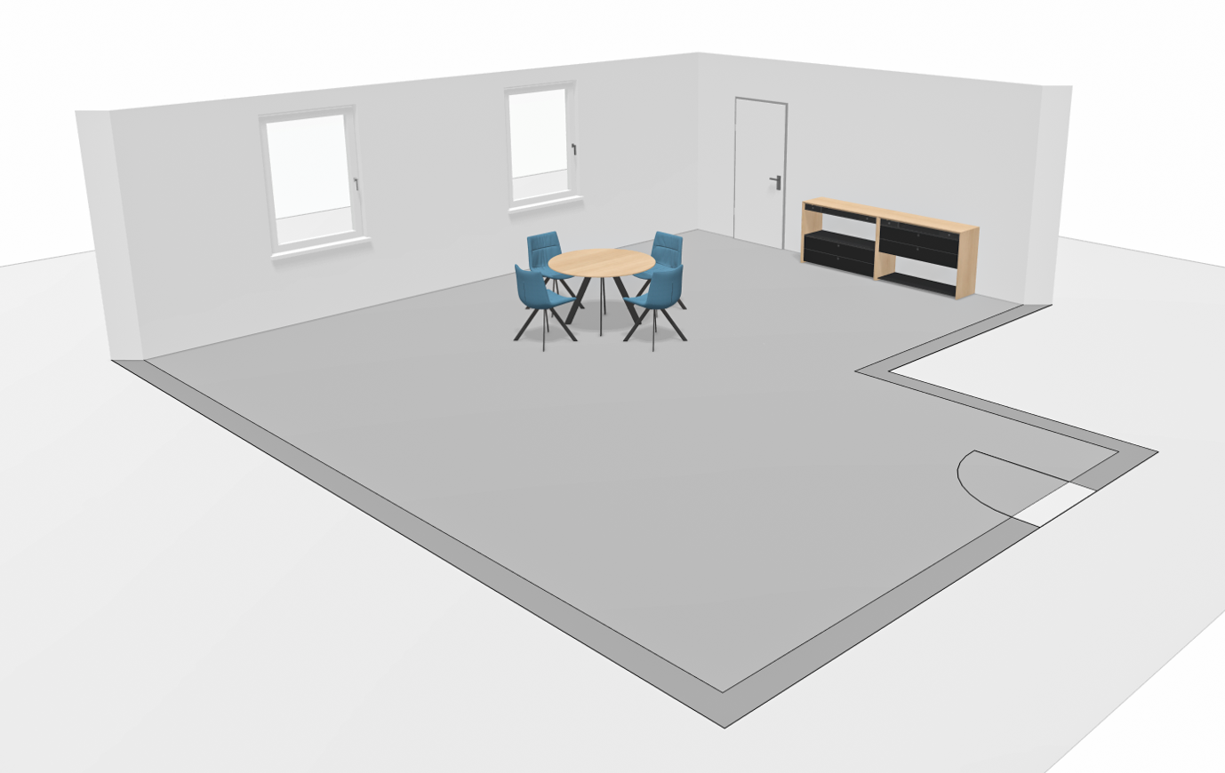 Planungsdaten, OFML Planung eines Büros mit Tisch Barra, Stuhl Marel und Sideboard La Punt